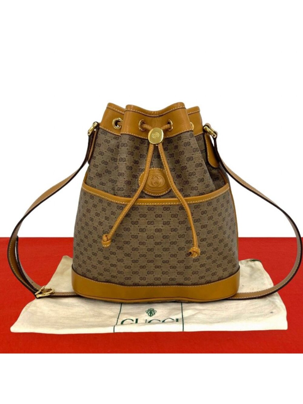 Gucci Vintage Micro GG Logo Leather Drawstring Shoulder Bag Brown